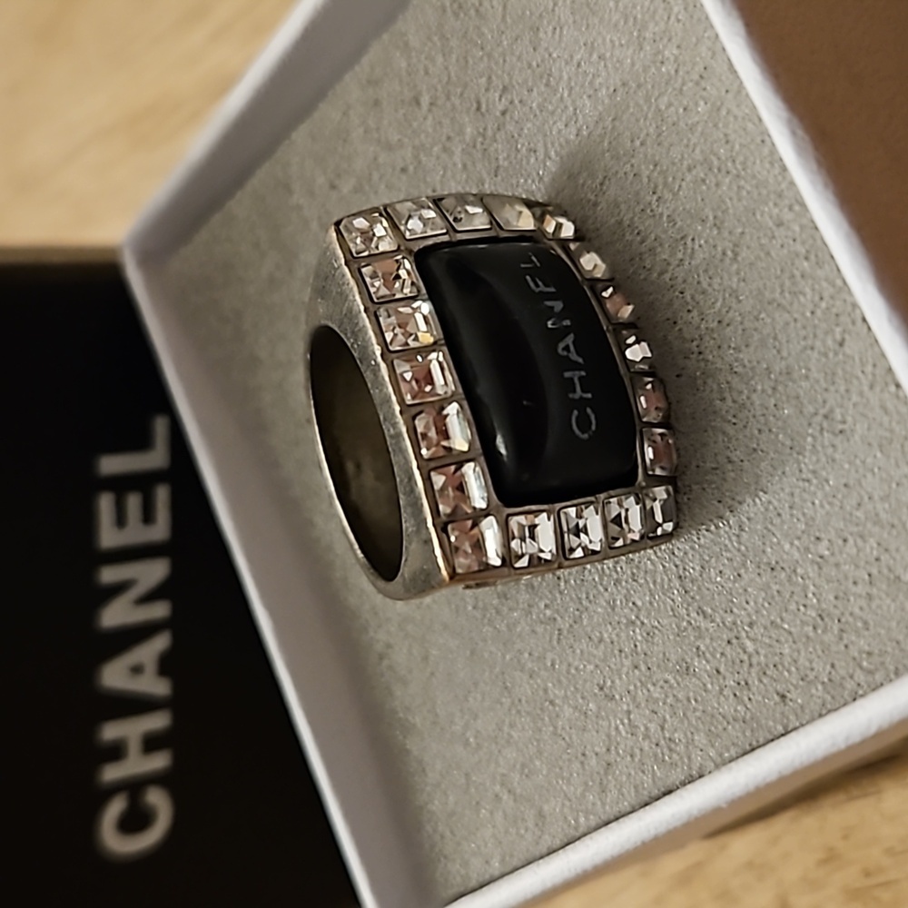 CHANEL Black and Clear Crystal Square Statement Ring